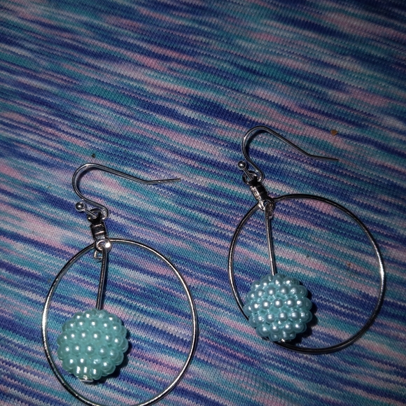 Essential silver hoop statement Earrings Pastel baby blue hue hand crafted - Picture 3 of 6